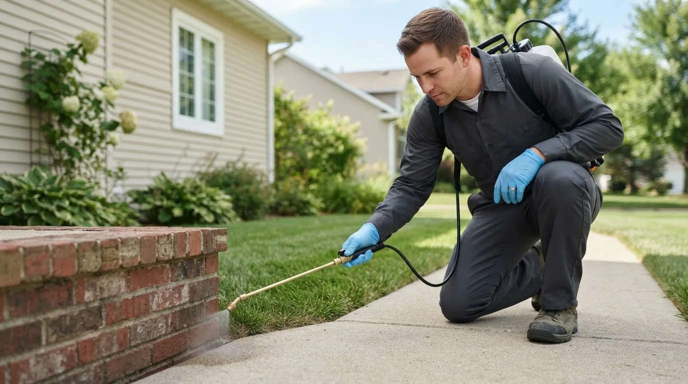 Pest control technician treating a home near West Des Moines, IA