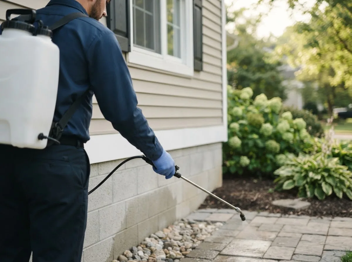 Pest control technician inspecting a home in West Des Moines, IA